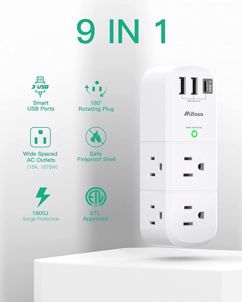 Outlet Extender with Rotating Plug, Surge Protector 6 AC Multi Plug Wall Outlet