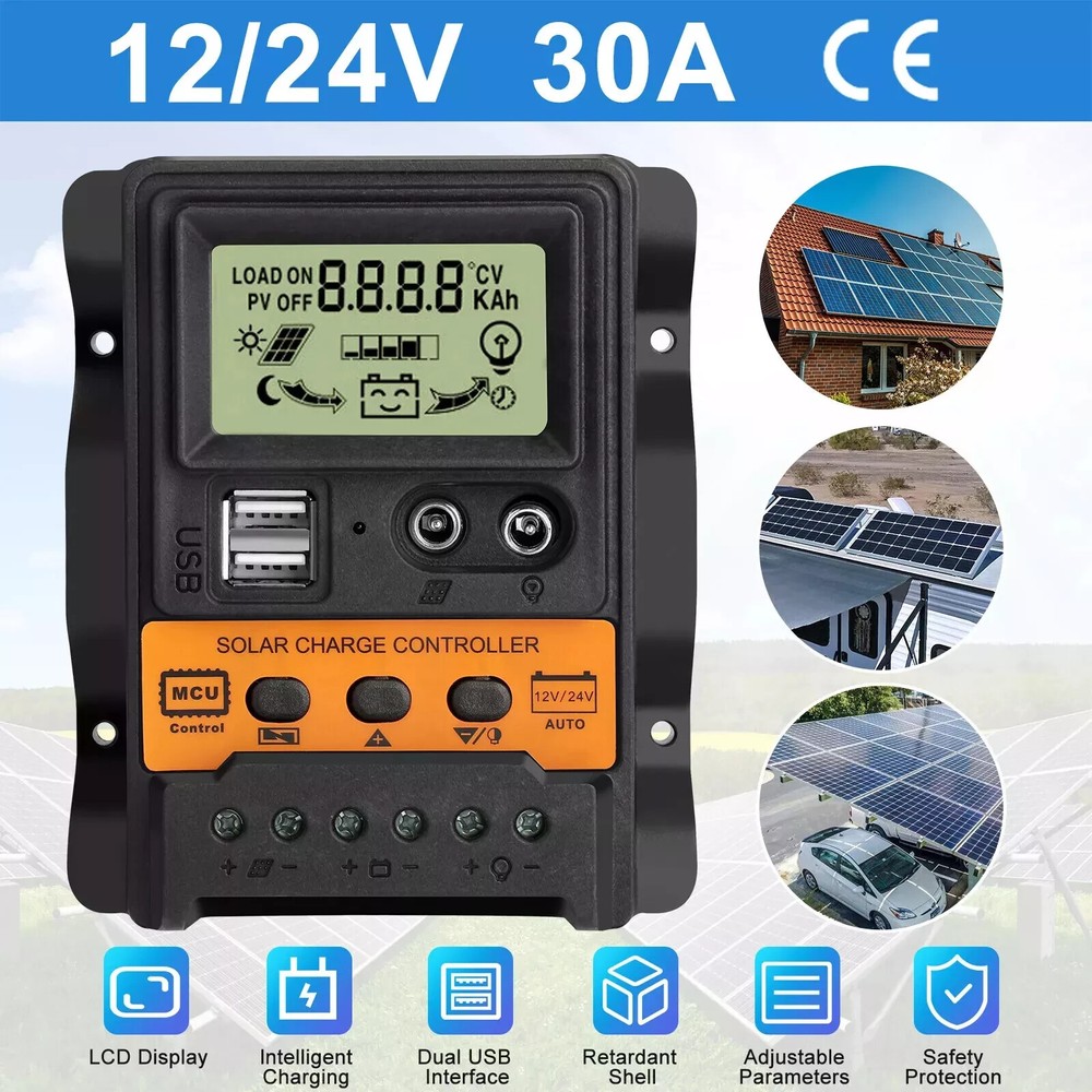 30A PWM Solar Panel Regulator Charge Controller 12/24V Auto Focus Tracking USB