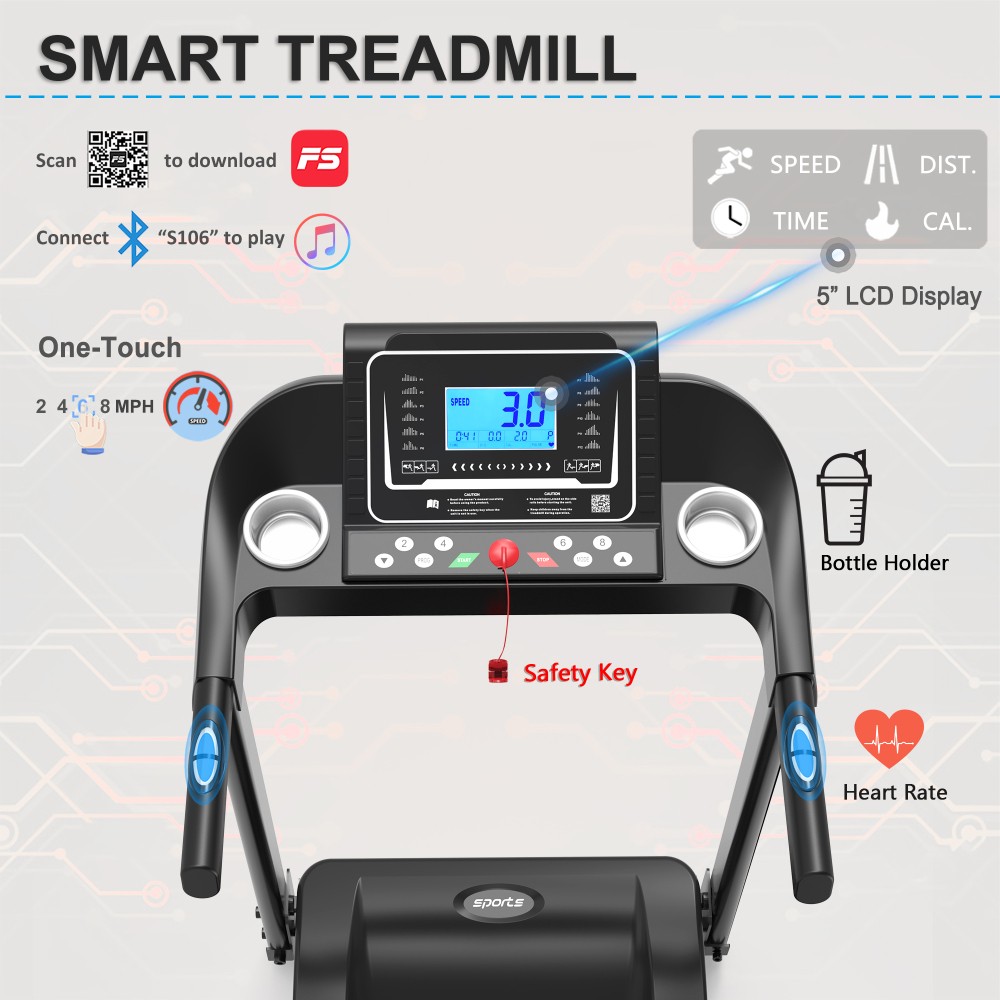 Foldable Treadmill with Incline - Electric Running Machine w/ Bluetooth & LCD