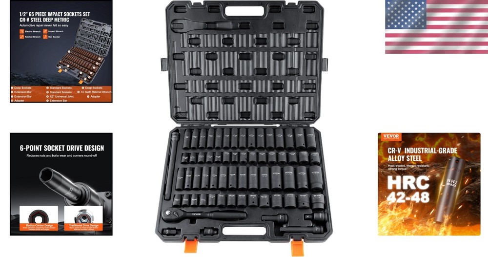 65pc 1/2" Impact Socket Set: Cr-V Alloy, High Torque, Easy Read Sizes, Rugged...