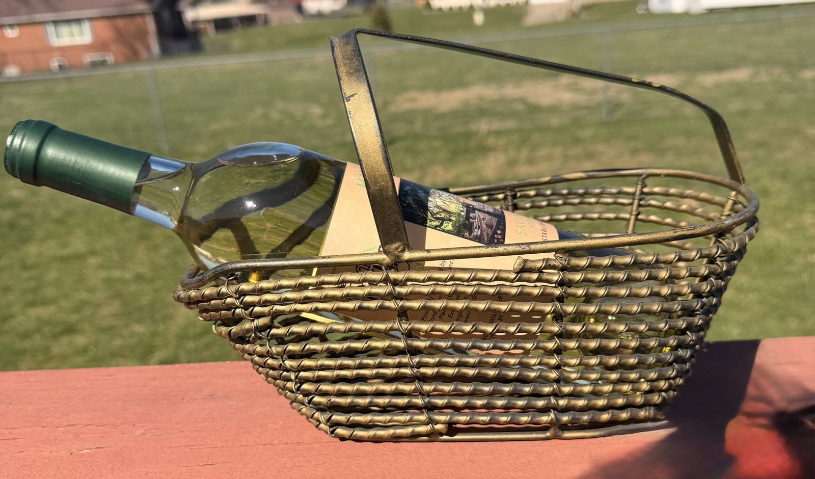 French Brass Finish Metal Twisted Or Rope Texture Wine Bottle Caddy 10.5”L