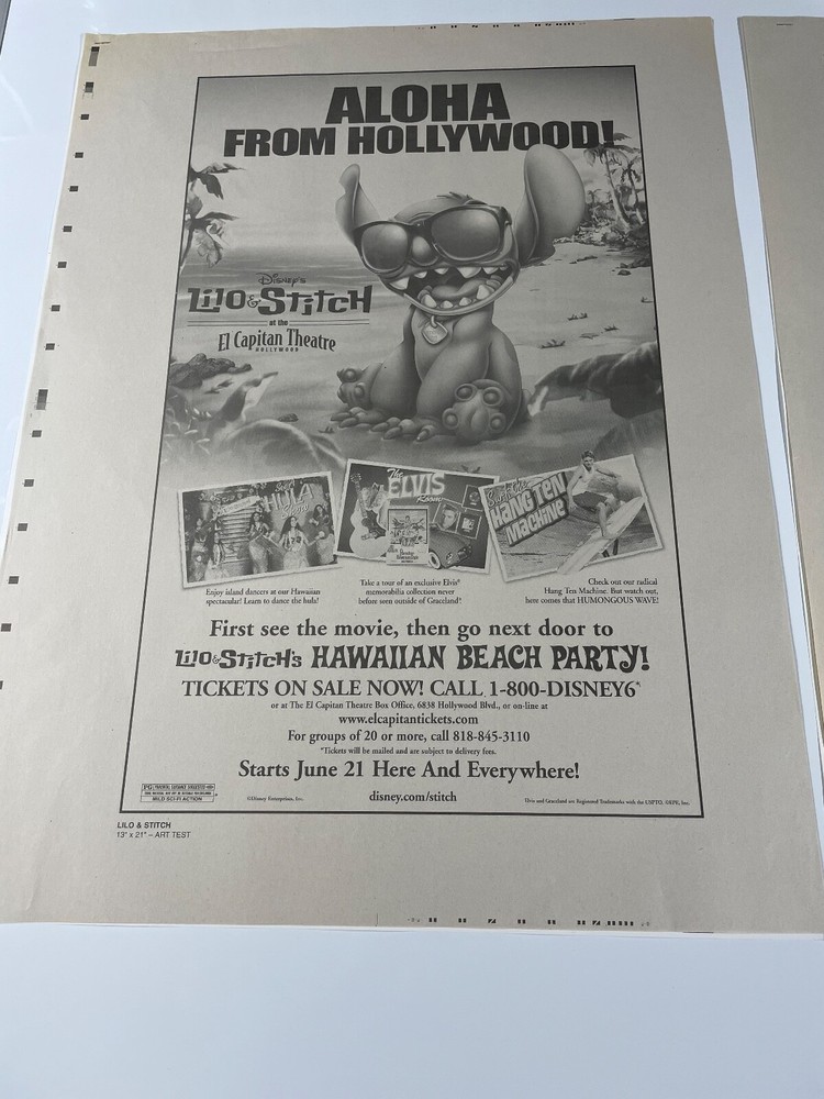 Lilo & Stitch Lot Printer Proof Tear Sheet Ad Pad Printer Proof Sheets B