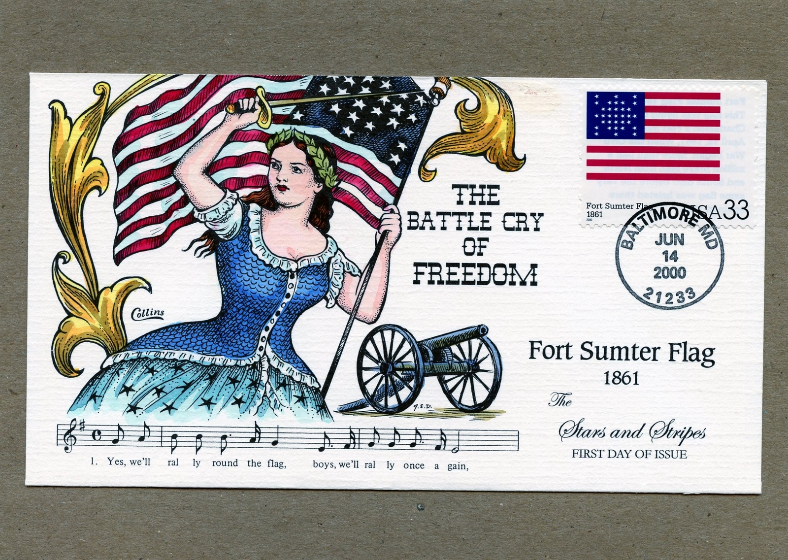 WWLF COLLINS FDC COVER STARS & STRIPES 3403o  FORT SUMTER FLAG 1861 CACHET