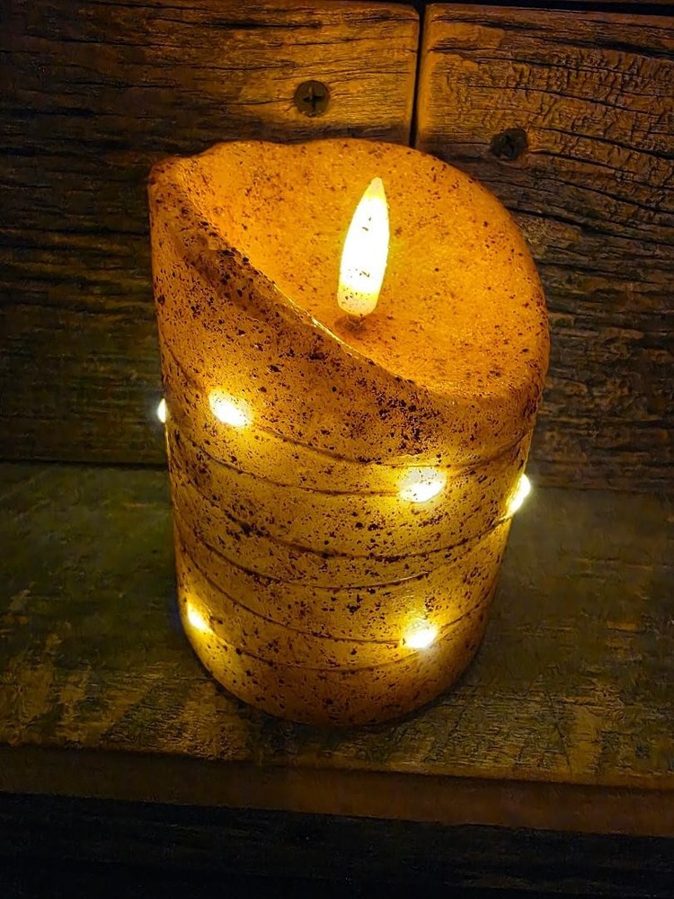 Rustic Primitive Textured Burnt Ivory Timer Pillar Candle Light 4" ~ Home Decor