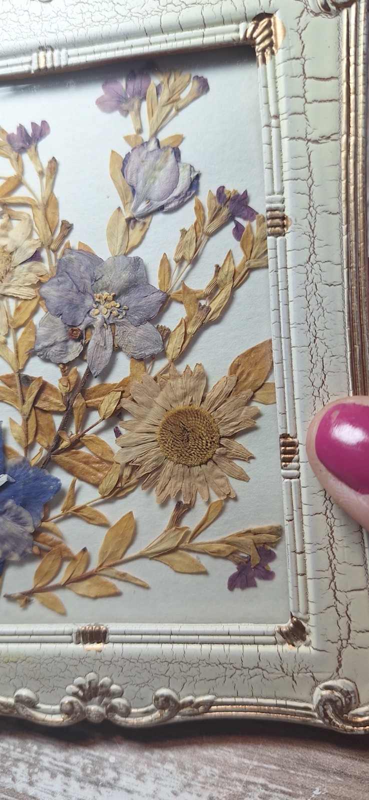 VTG Framed Pressed Dried Flowers Wall Art Decor Victorian Crackle Frame 4.5X5.75