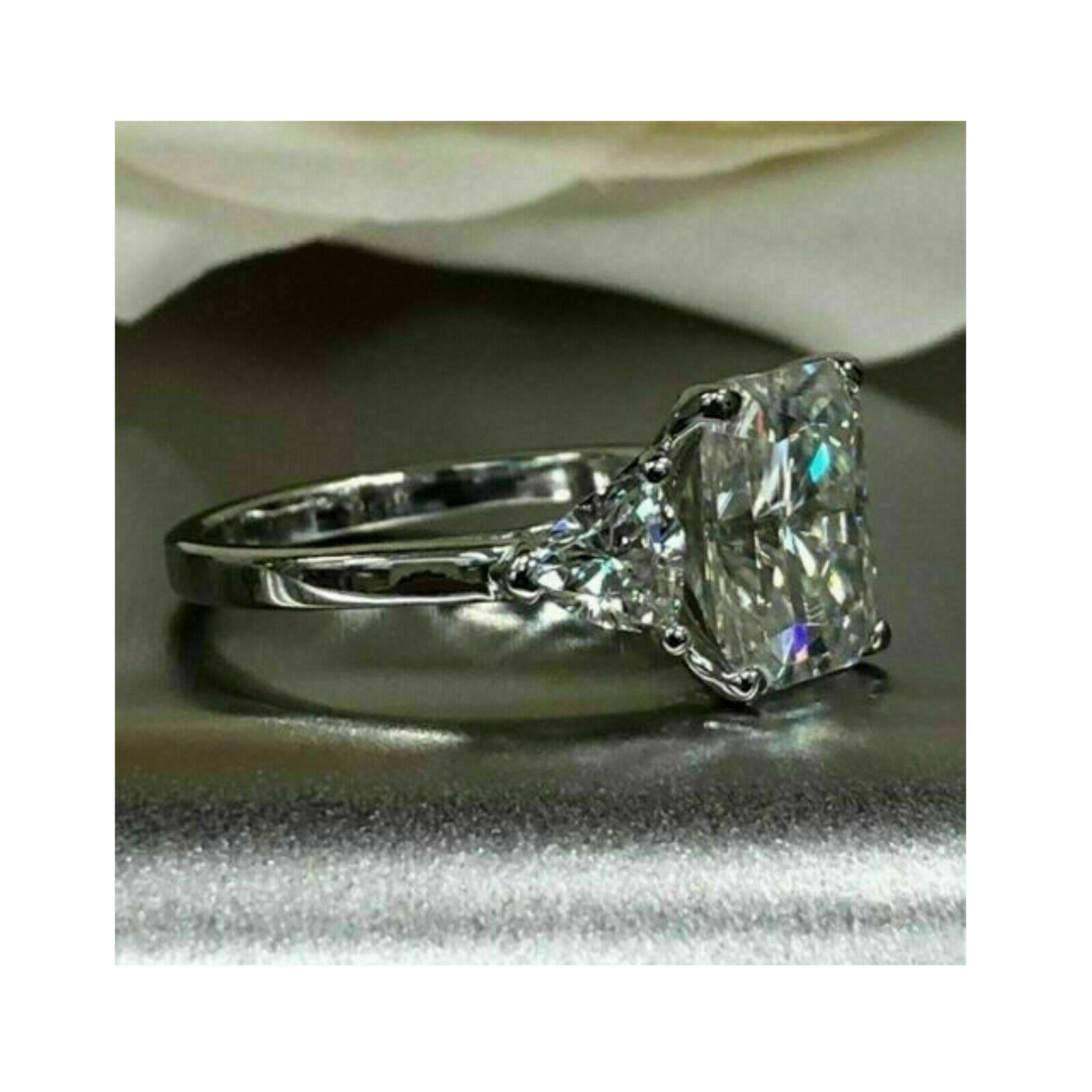 Engagement Ring 14k White Gold 4.Ct White Radiant & Trillion Diamond Simulated
