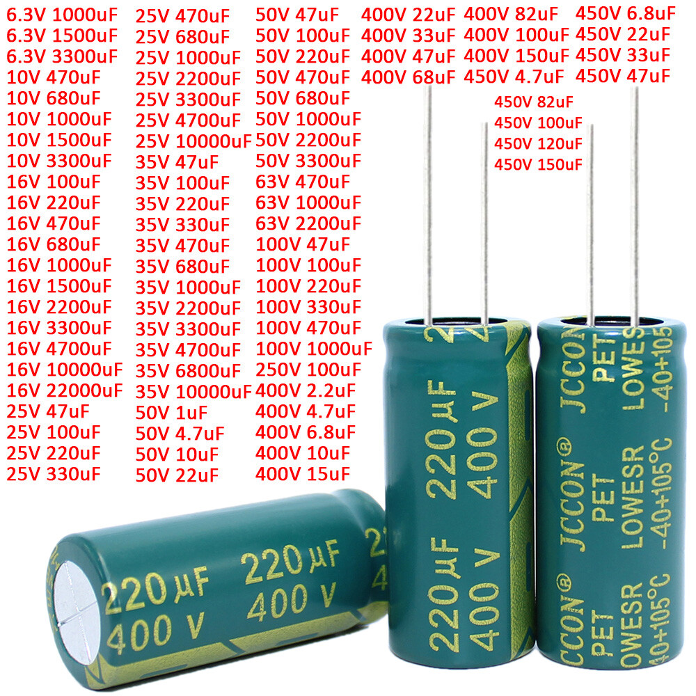 6.3V to 450V High Frequency LOW ESR Radial Electrolytic Capacitor 1uF to 22000uF