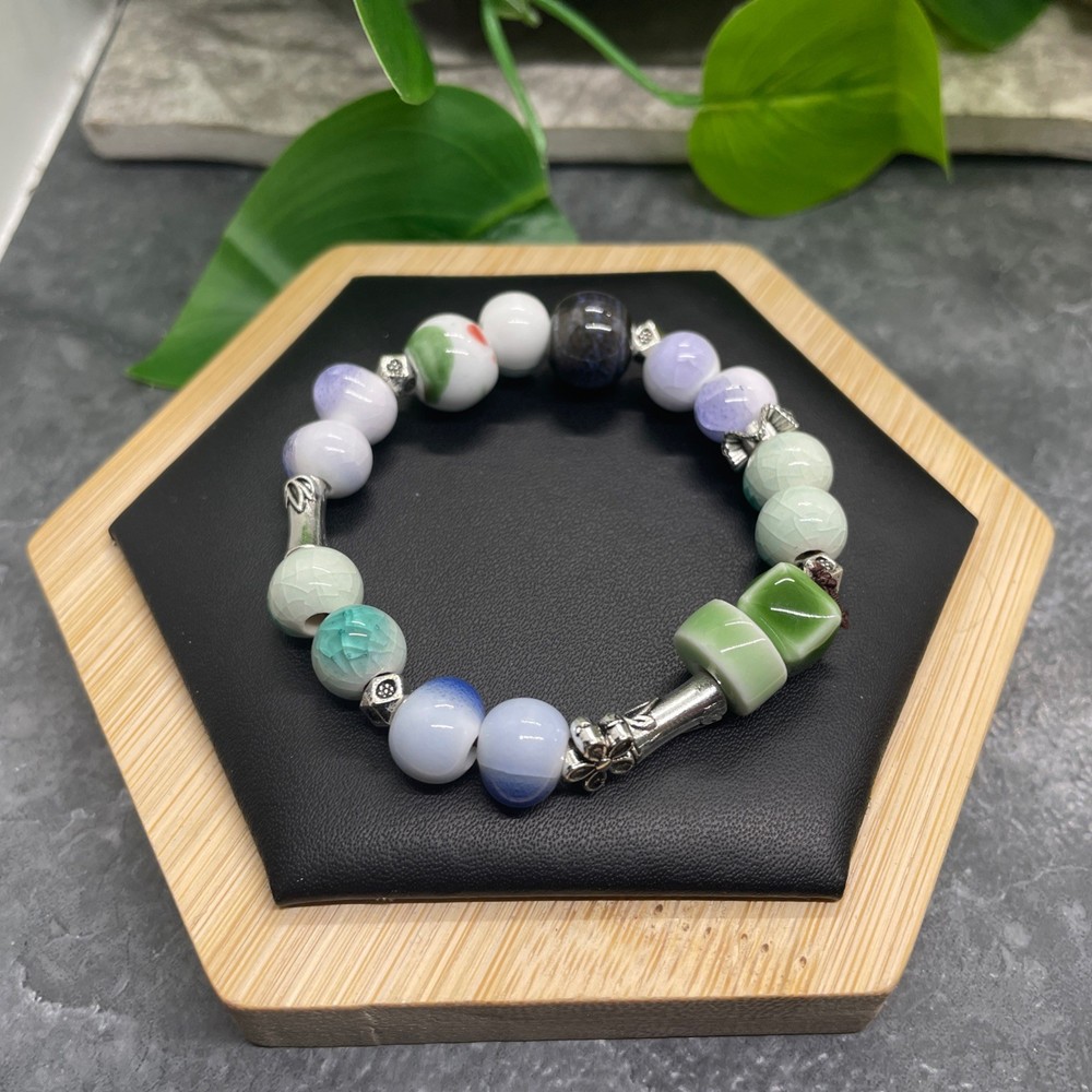 Handmade Ceramic Bead Beaded Stackable 5.5” Plus Stretch Bracelet New B476