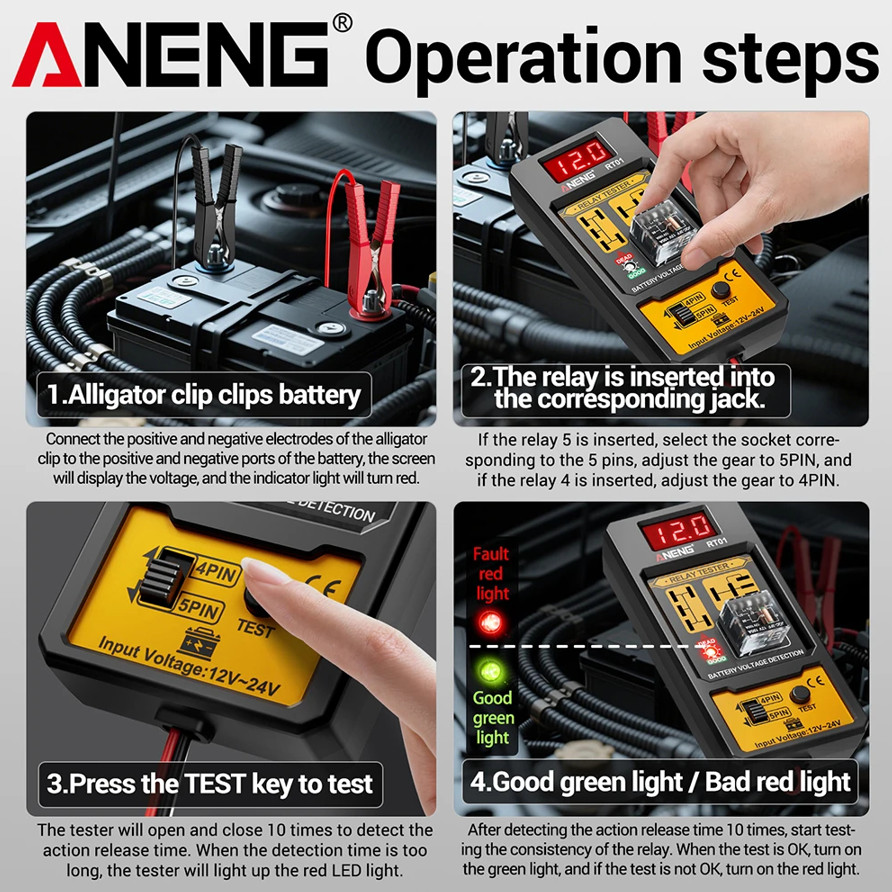 Probador universal de relés para automóvil, Probador de voltaje RT01, Batería AR
