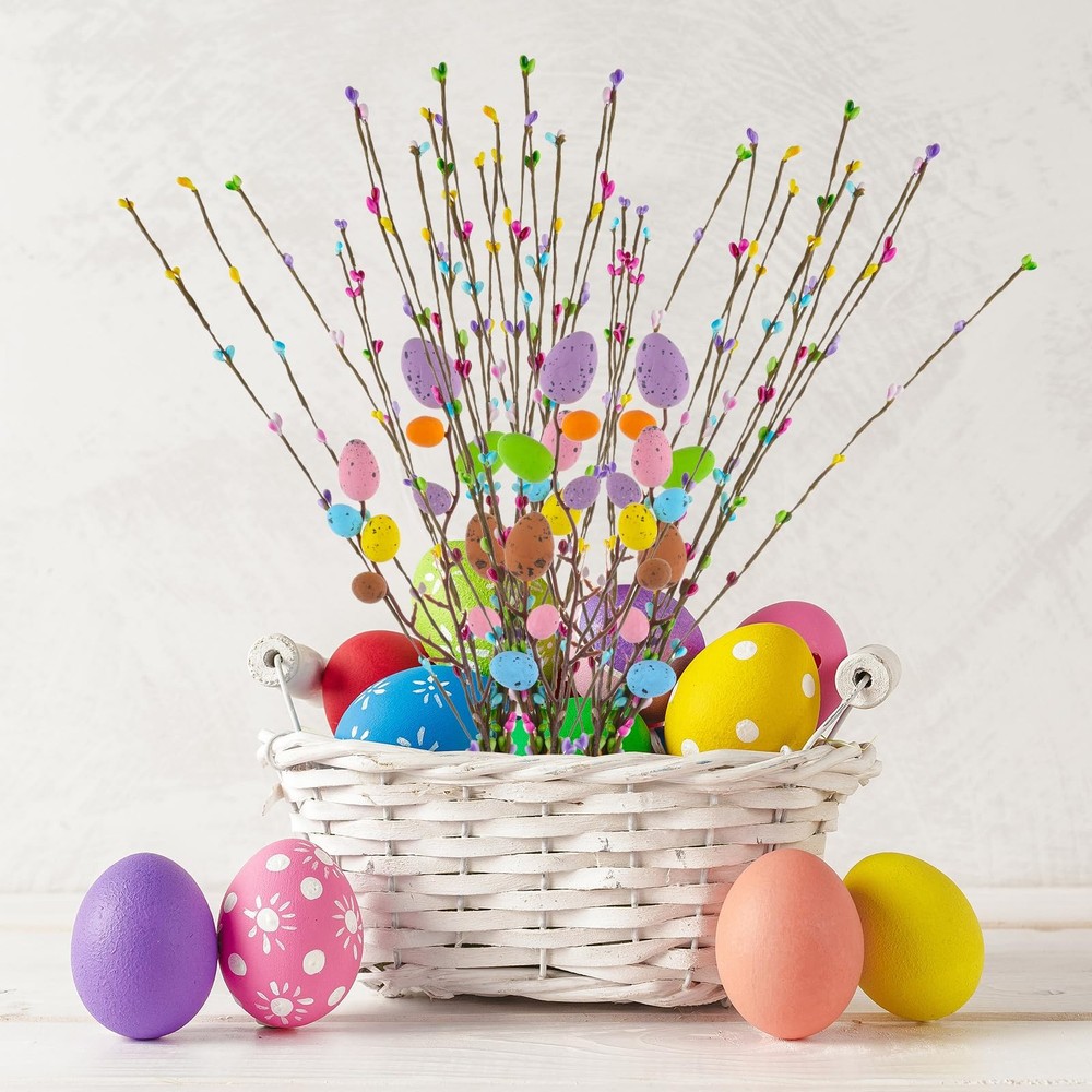 Draupnir 48PCS Artificial Easter Spray Vine, Pastel Eggs and Colorful