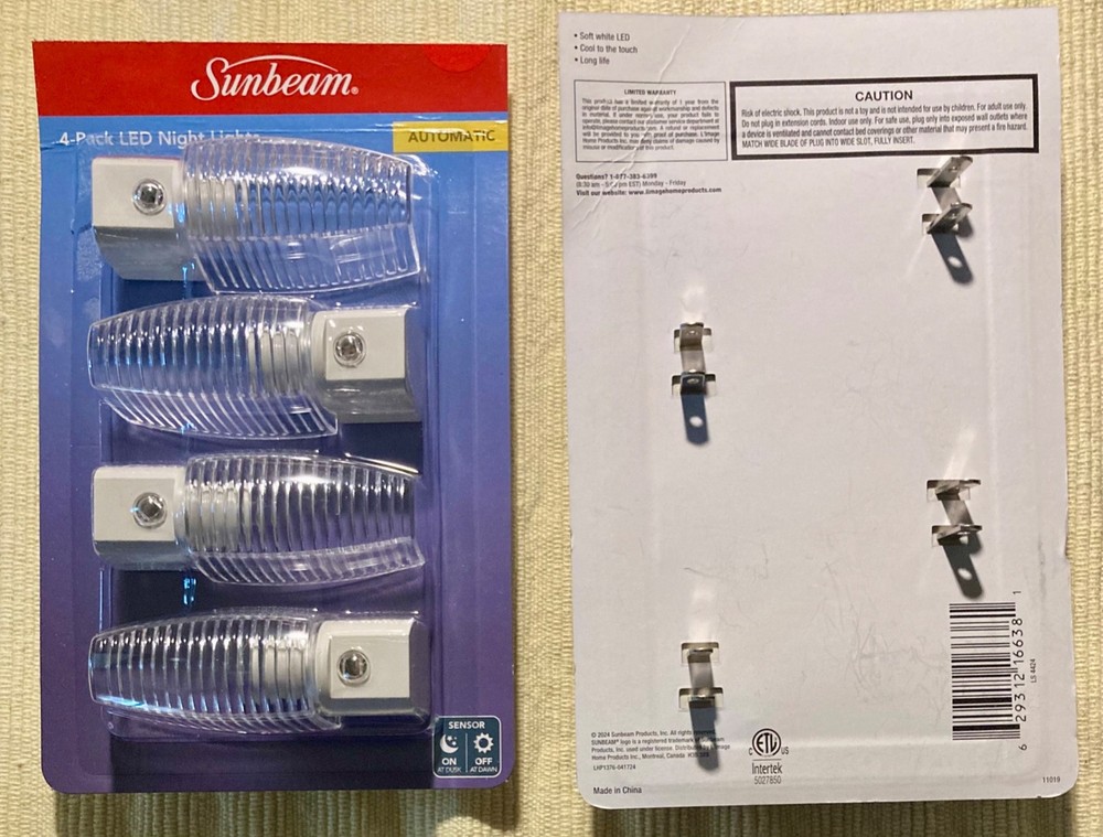 Sunbeam 4-Pack LED Automatic Wall Plug In Sensor Night Light Dusk to Dawn