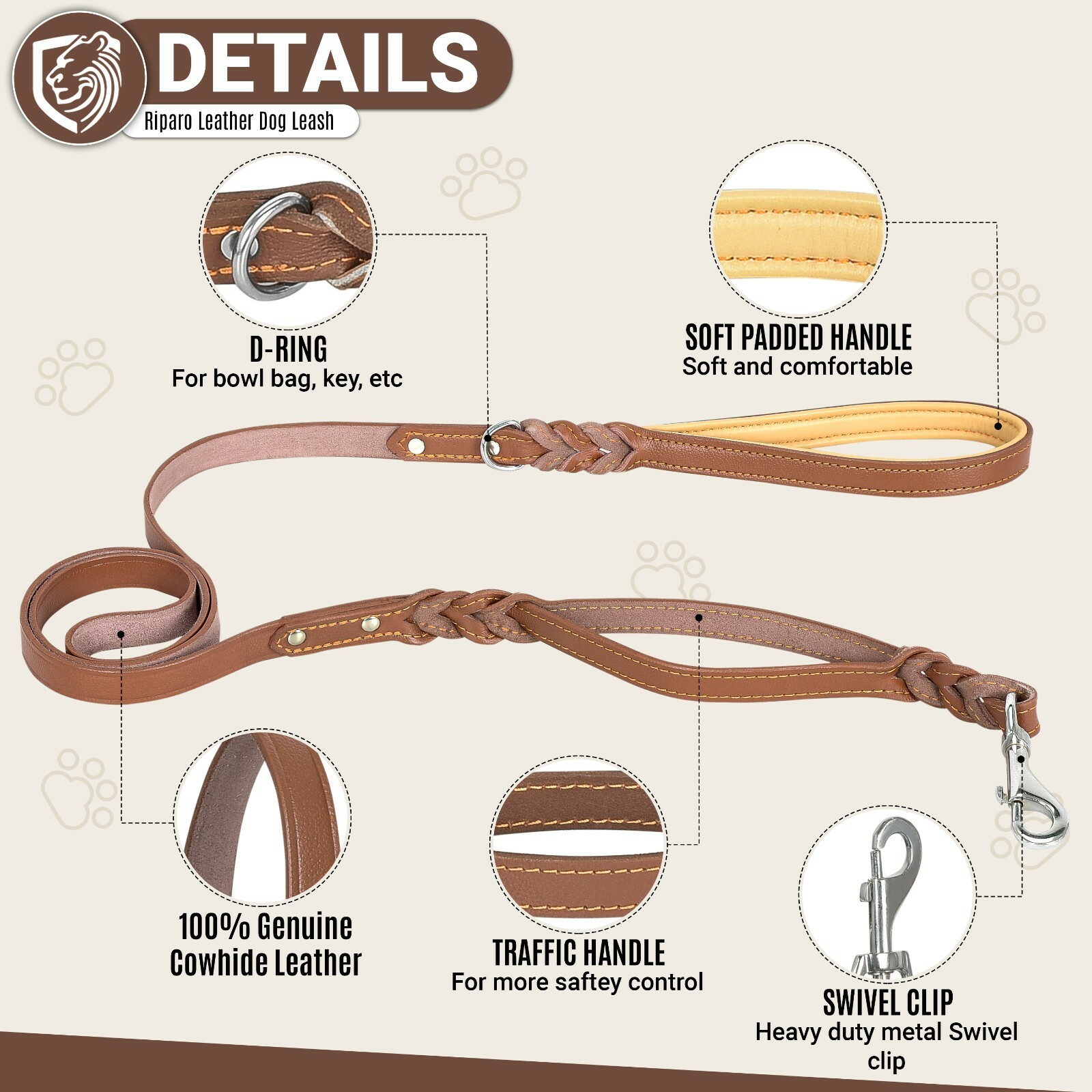 Riparo Braided Leather Dog Leash with Two Handles, 6 FT with Traffic Handle