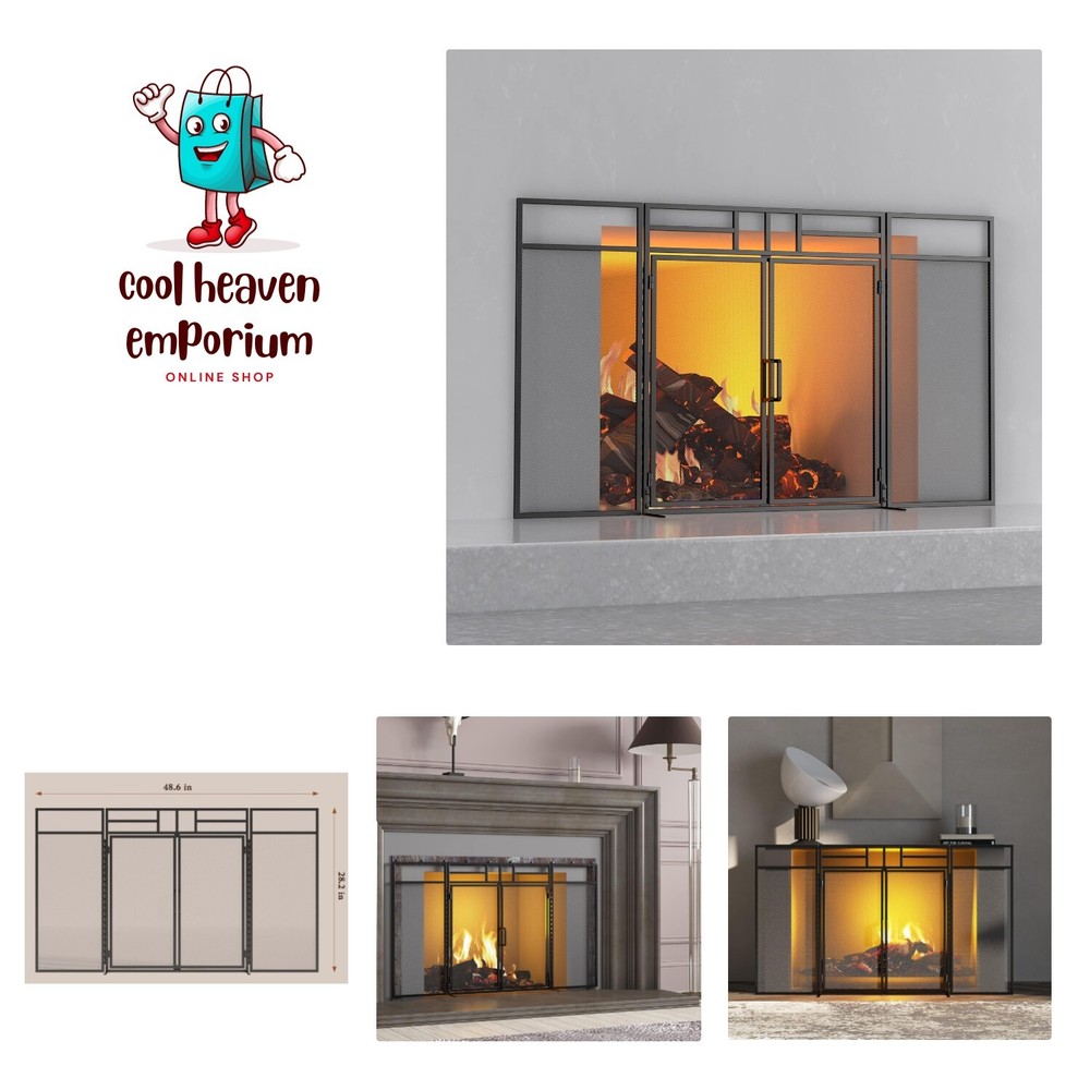 3-Panel Folding Fireplace Screen with Magnetic Hinged Doors, Solid Wrought Ir...