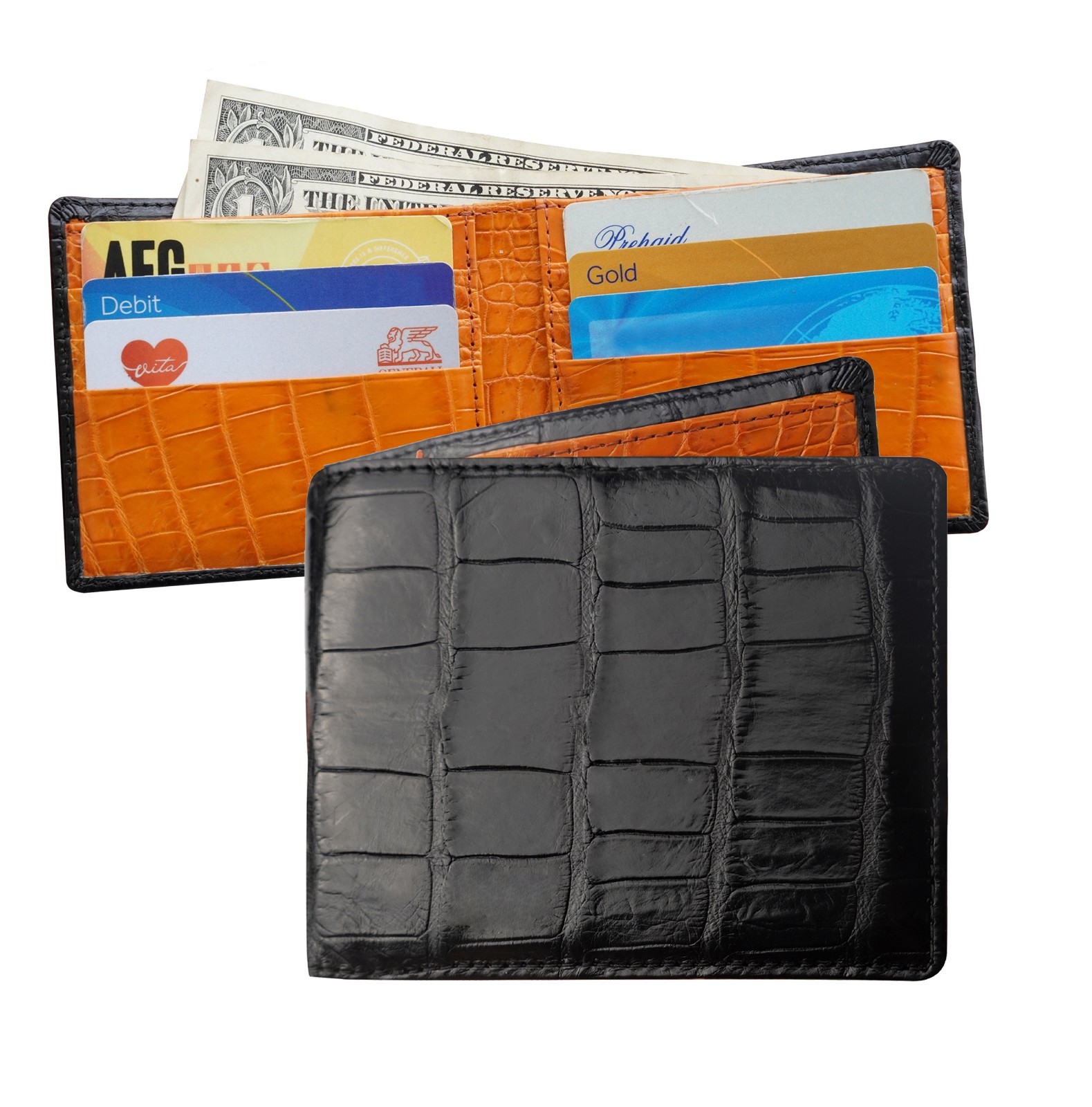 Black/Orange Leather Bifold Wallet Handmade RFID Blocking