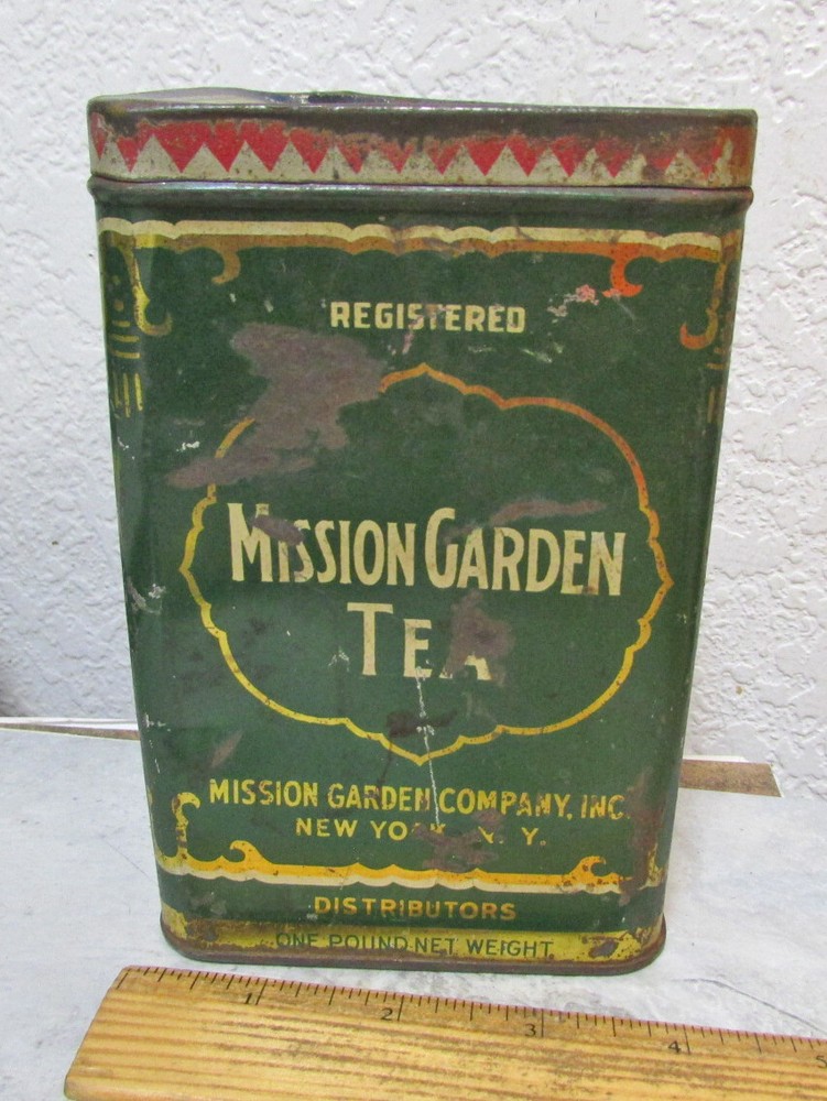 Vintage Mission Garden empty tea tin, Java Ceylon India wrong lid, kitchen decor