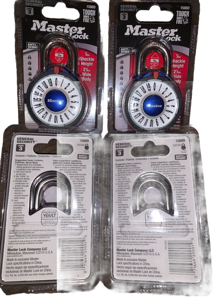 4 Pack Master Lock Magnified Combination Padlock 1588D Blue Level 3