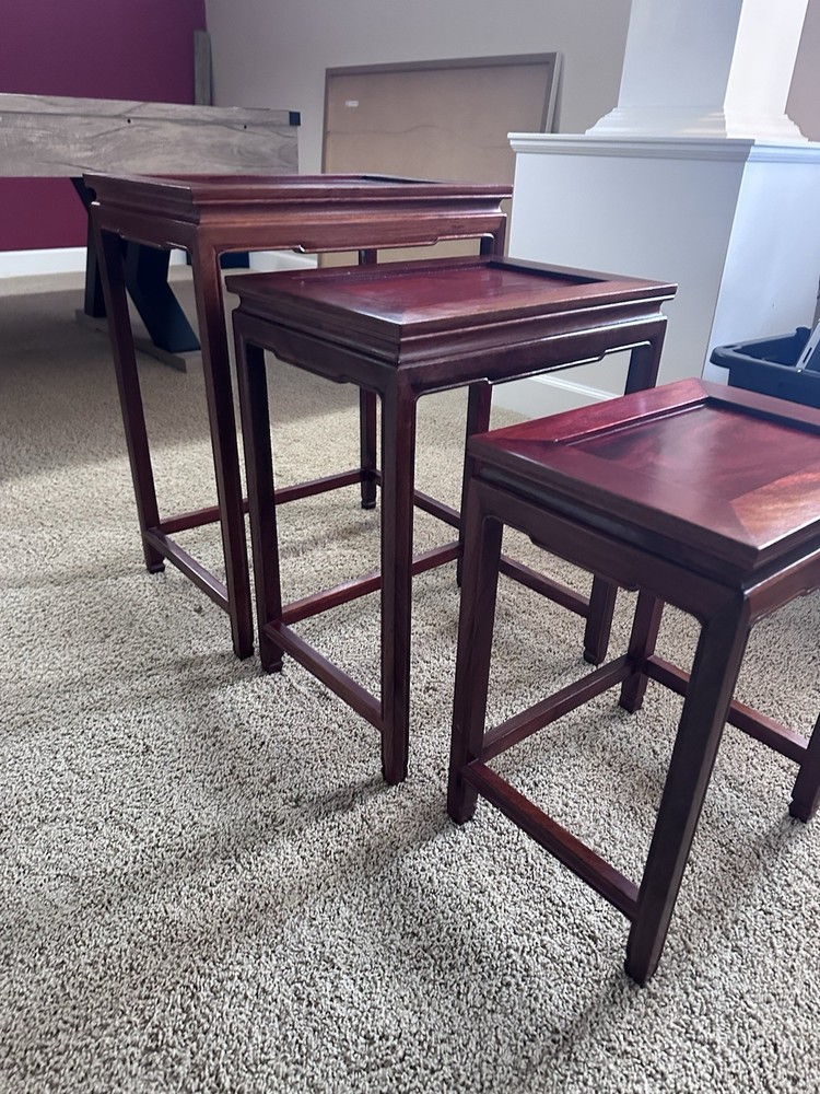 Vtg Asian Chinese Set of 3 Nesting Nested Side Tables Solid Rosewood EUC