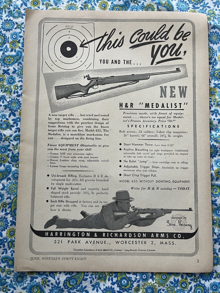Harrington & Richardson Arms Co. 1948 Print Ad Medalist Target Rifle