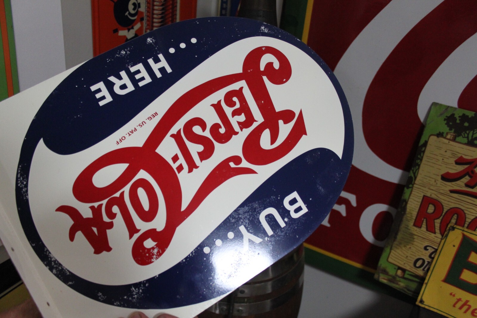 SCARCE 1944 PEPSI COLA SODA POP 2-SIDED PAINTED METAL FLANGE DEALER SIGN COKE