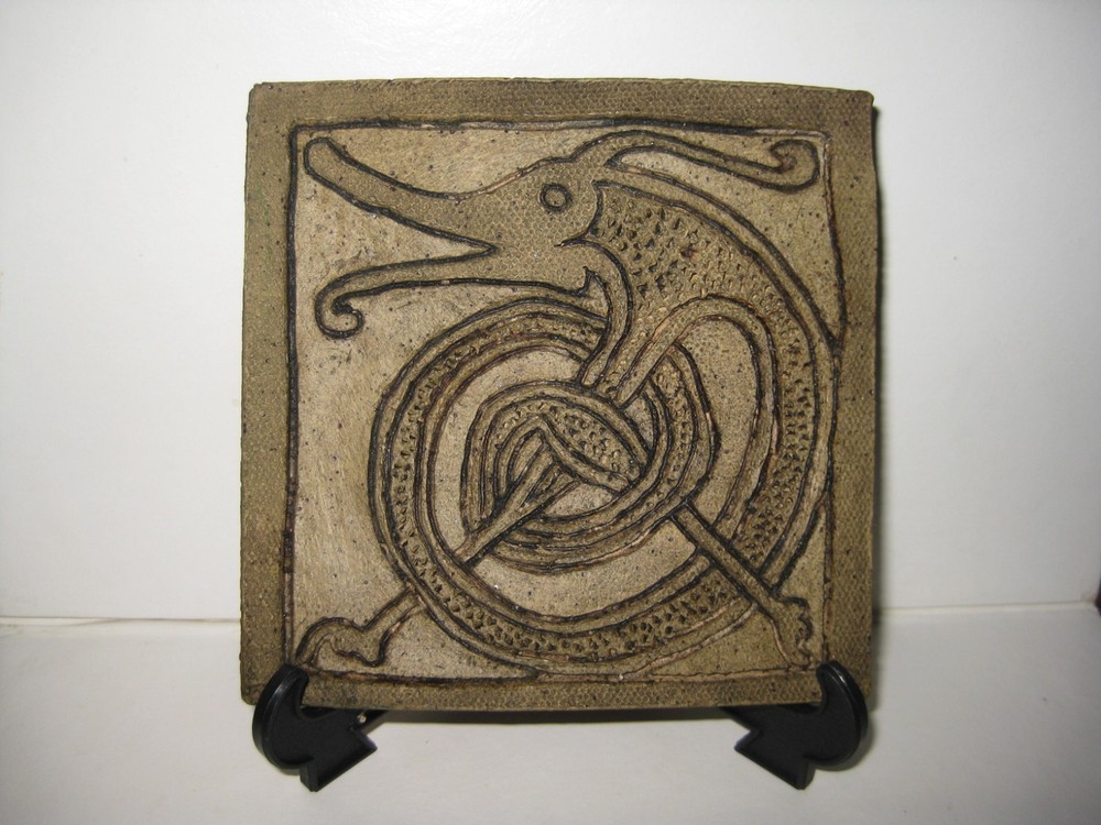 Rare mythical creature primitive earthenware tile incised sgraffito dragon 3 3/4