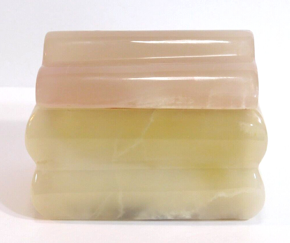 Alabaster Carved Rectangular Box Natural Stone 4" by 3" Hinged Velvet Lined