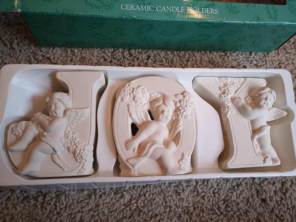 JOY and cherubs Ceramic Candle Holders NIB
