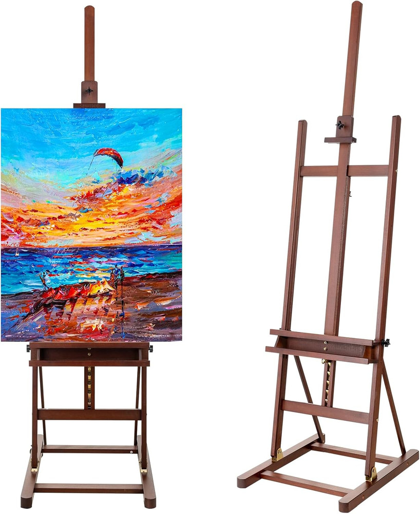 H-Frame Studio Easel, Beechwood Artist Easel Storage Tray, Adjustable Floor Ease