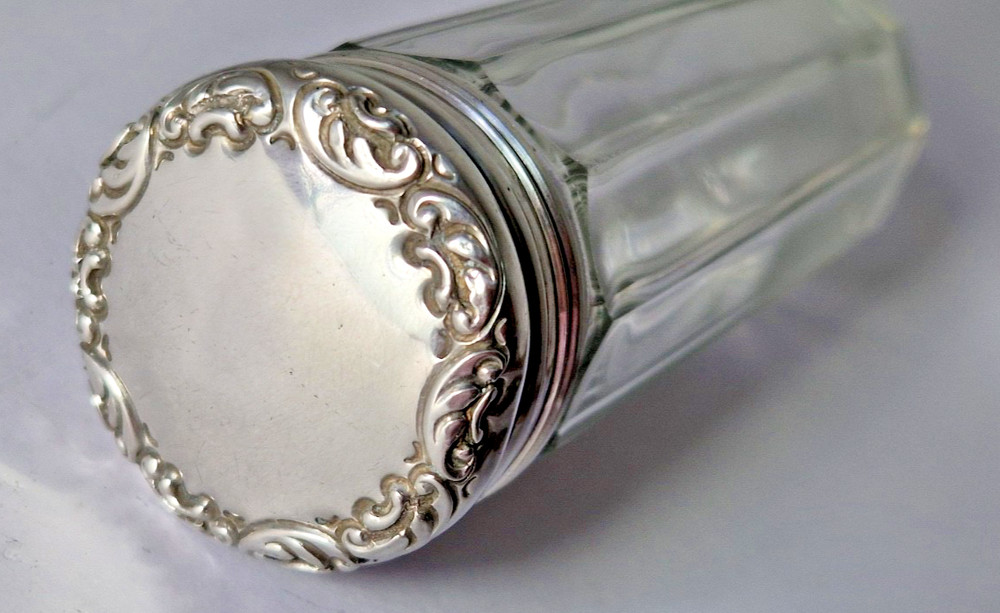 ANTIQUE PANEL CUT GLASS VANITY DRESSING TABLE JAR SILVER LID Wolfsky & Co 1907