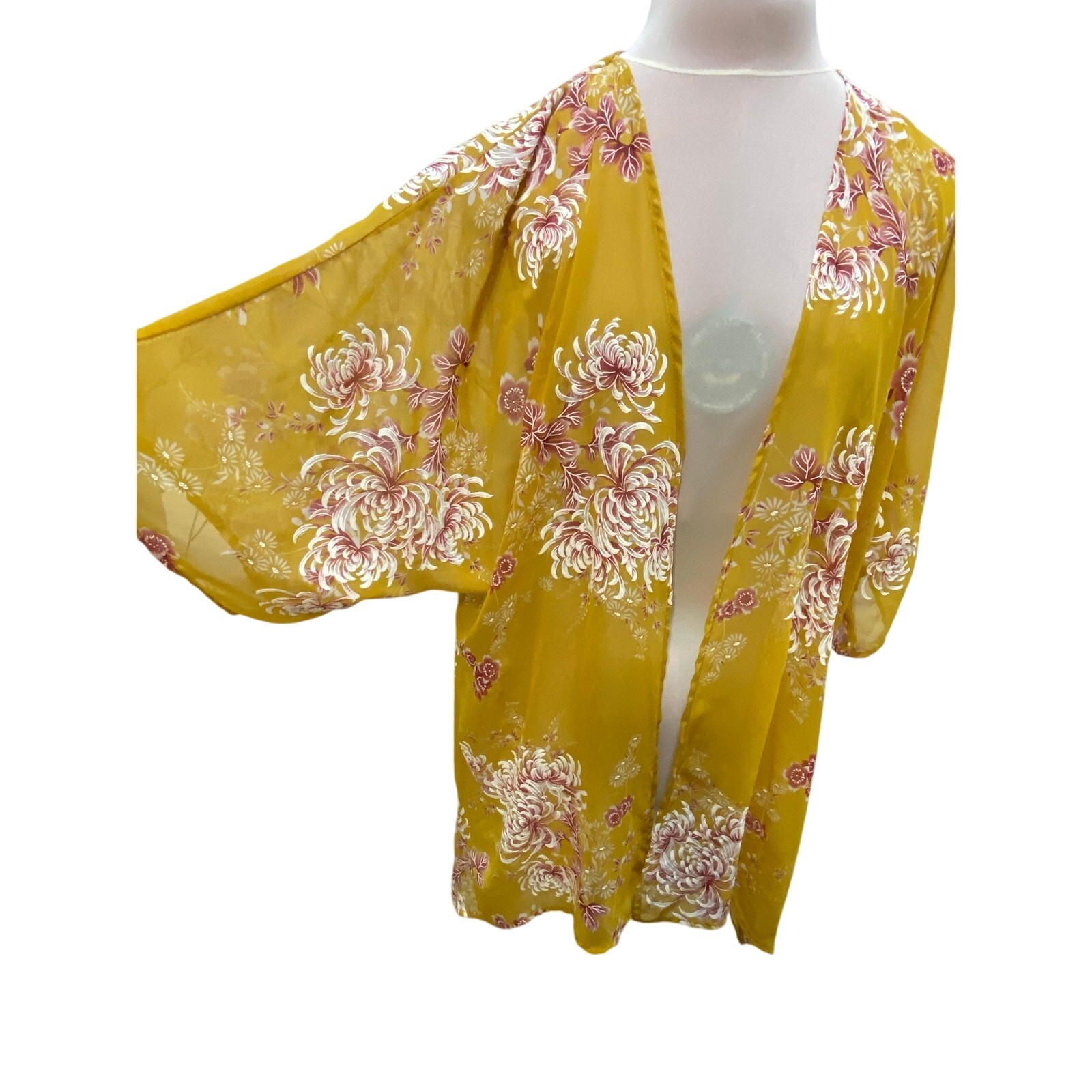 143 STORY Mustard Pink Floral Short Sleeve Kimono SMALL Chiffon Sheer Cover Up