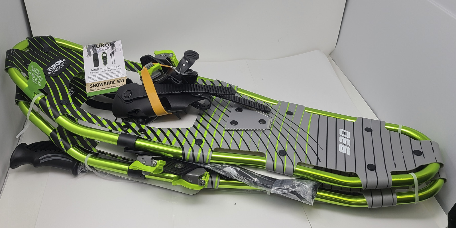 YUKON CHARLIE'S 930 Adult Snowshoe Kit w/ Poles, Bag GREEN L Up to 250lbs (480)