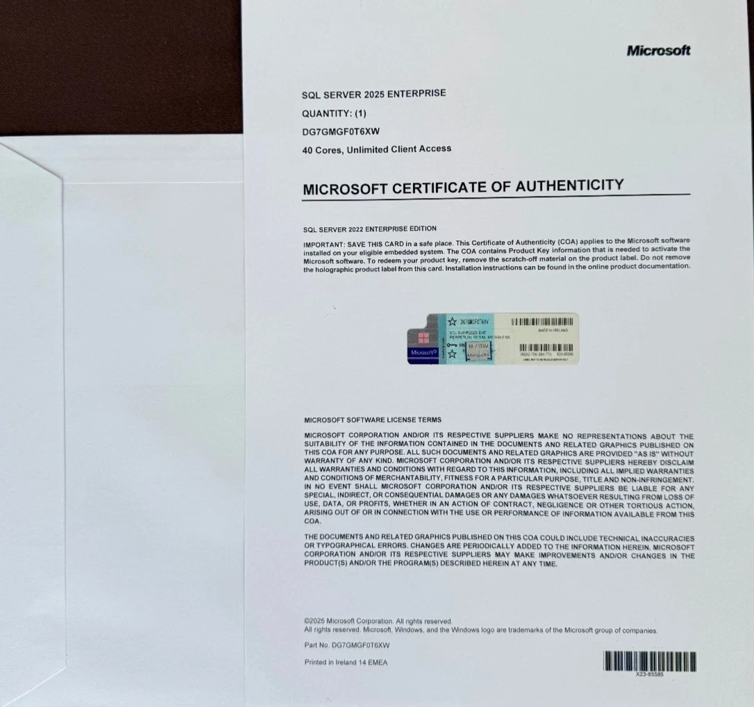 Microsoft SQL Server 2025 ENTERPRISE 40 Core Unlimited User CALs CoA GENUINE