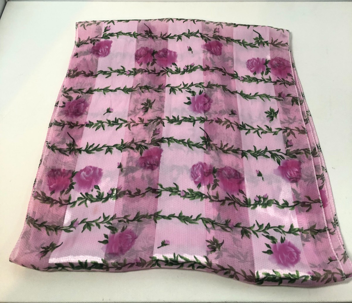 Vintage Pink and Green Scarf, Flower Design, Nylon/Polyester Blend, 57.5" x 12"