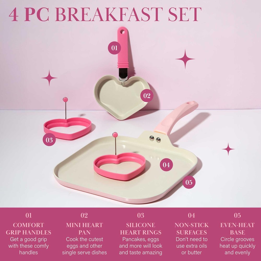 Paris Hilton Breakfast Ceramic Nonstick Cookware Set, Includes Square Griddle, M