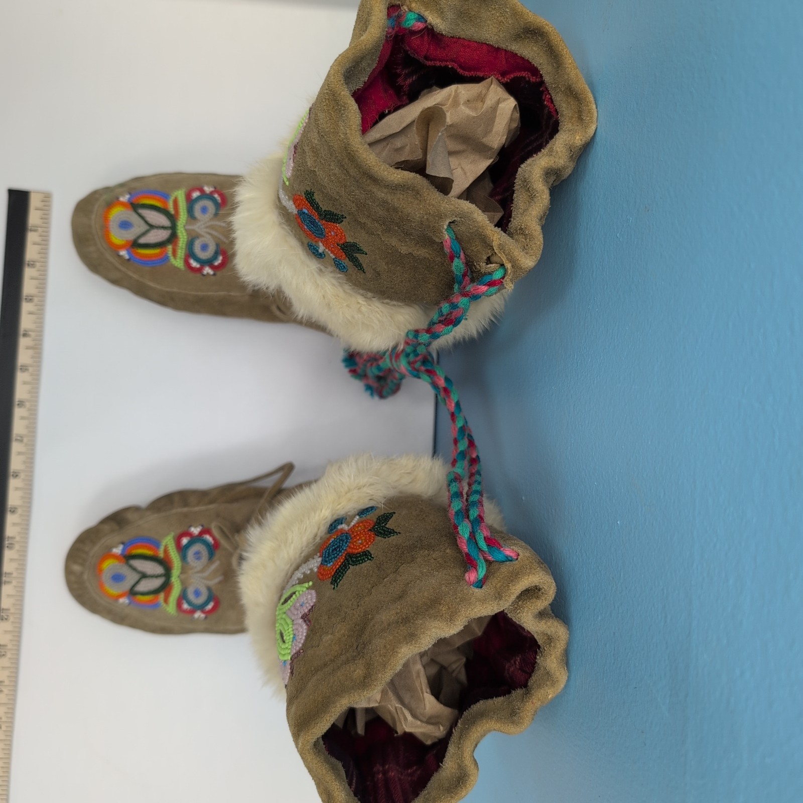 Vintage Beaded Mukluks Moccasin Boots Fur Trim Native American Plains Region