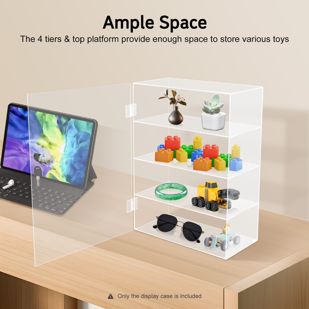 Clear Acrylic Display Case Countertop Box Dustproof Shelves Showcase with Lock
