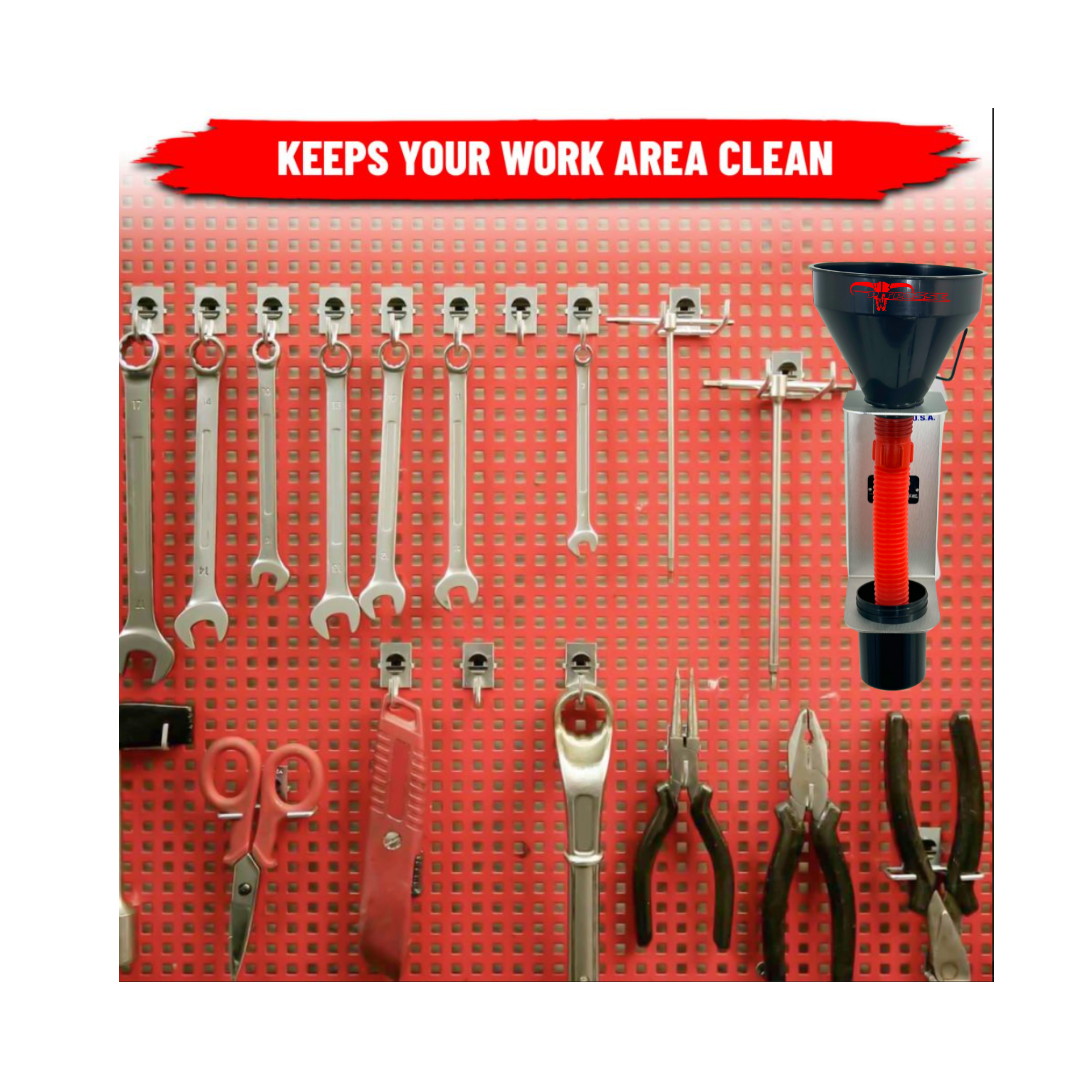 Pit Posse Oil Funnel and Holder for Automotive with Handle and Strainer