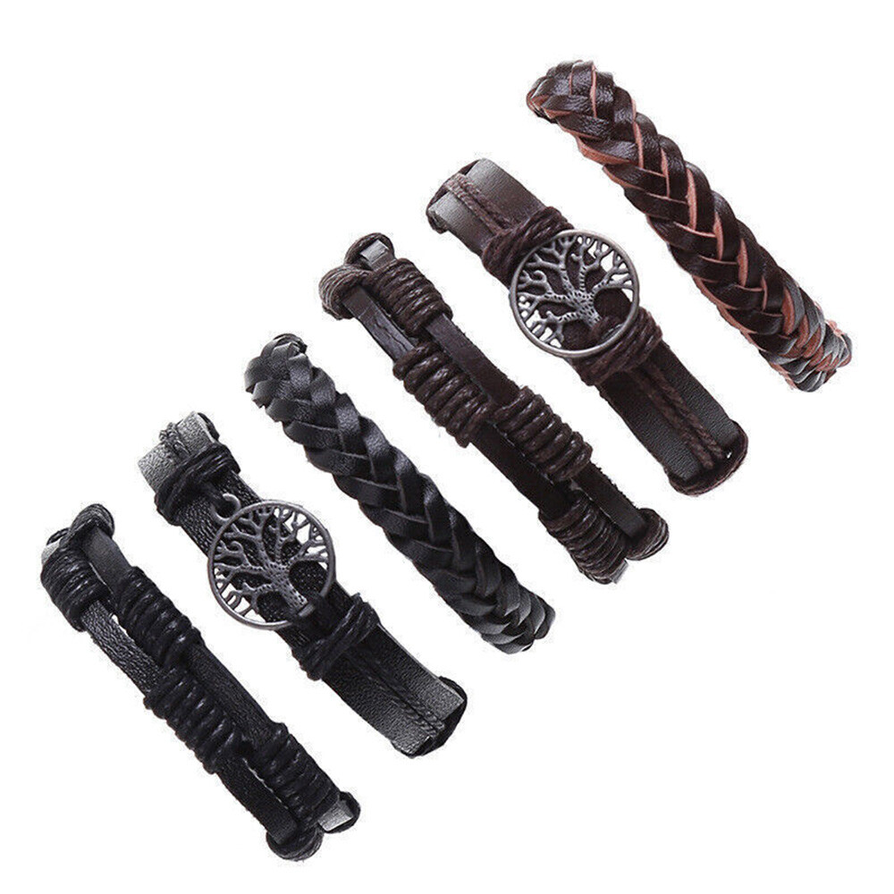 6/12PCS Men Women Braided Leather Rope Bracelet Set Wristband Bangle Tribal