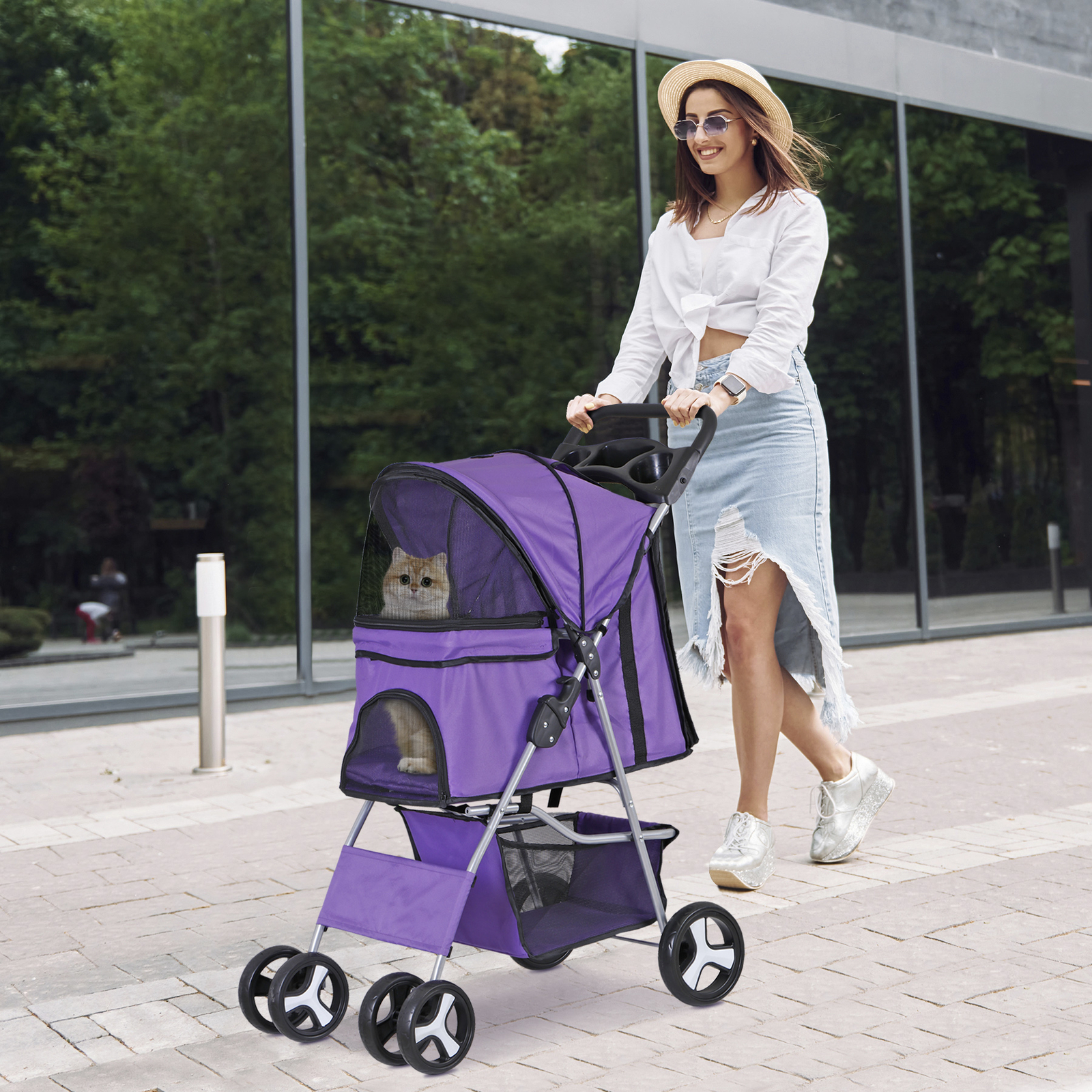 4 Wheel Dog Stroller Pet Stroller Travel Carriage w/Foldable Carrier Cart Purple