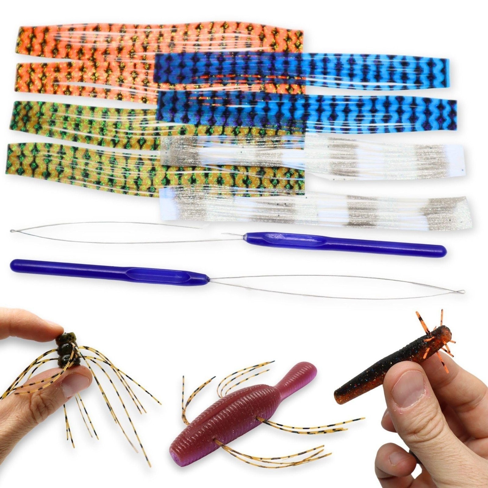Harmony Fishing Skirt Threader (2-Pack + 8 Skirts) - Create DIY Fuzzy Dice Baits