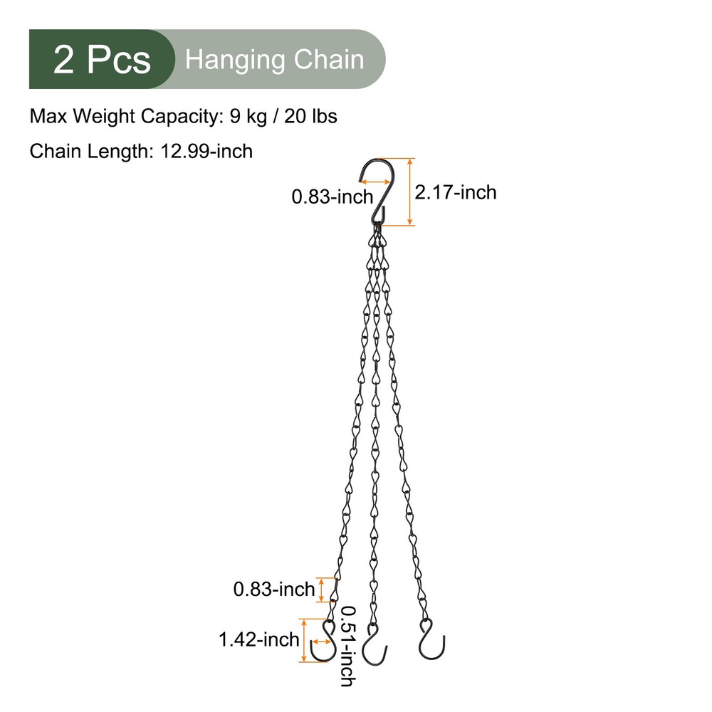 2Pc Hanging Chain,3 Point Holder Adjustable Chains w 2 Size S Hook(Black,12.99")