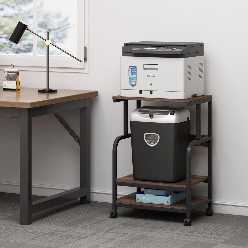 Printer Table Stand with Height Adjustable Shelf, 3 Tier Rolling Printer Cart...