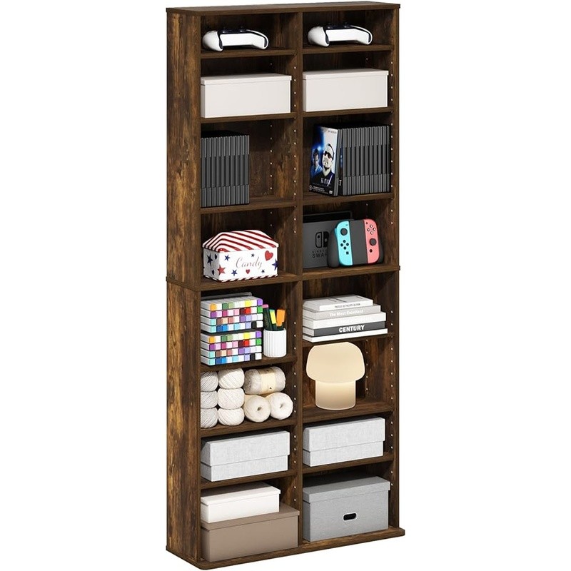 Wood Media Storage Rack Adjustable DVD CD Organizer Easy Assembly Space Saving
