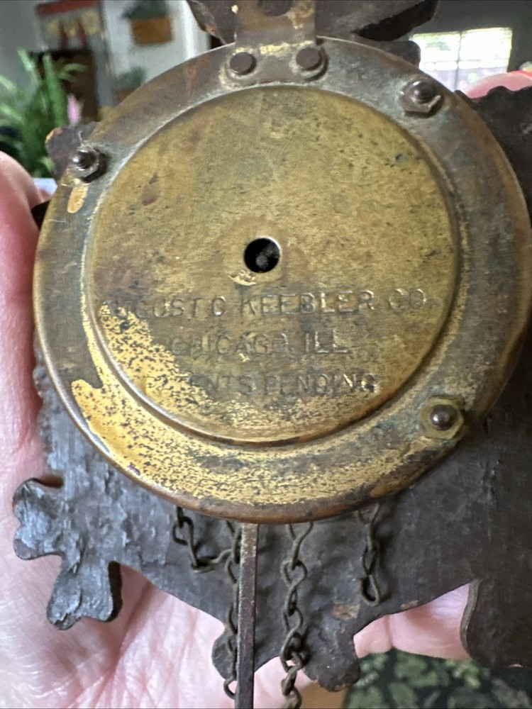 Antique August C Keebler Small 5" Wall Clock untested (NO KEY) Pinecone Weights