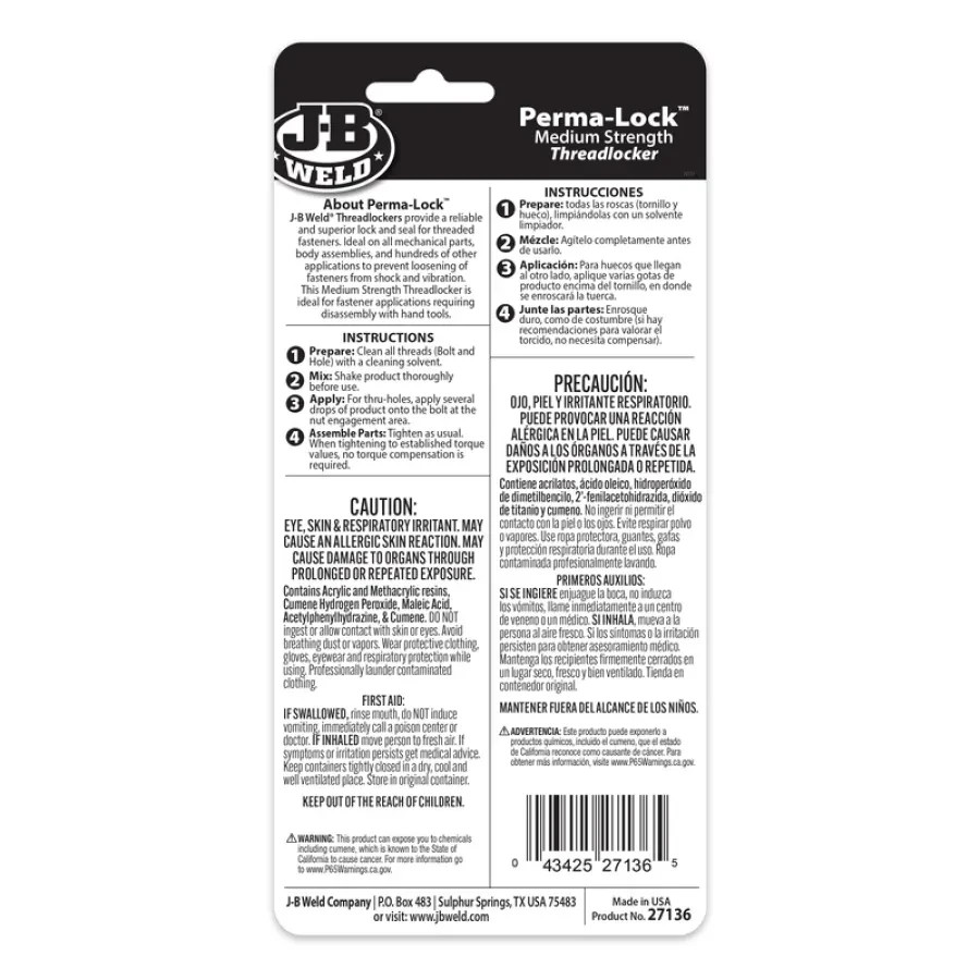 27136 JB Weld Threadlocker 36ml Red 6/Case
