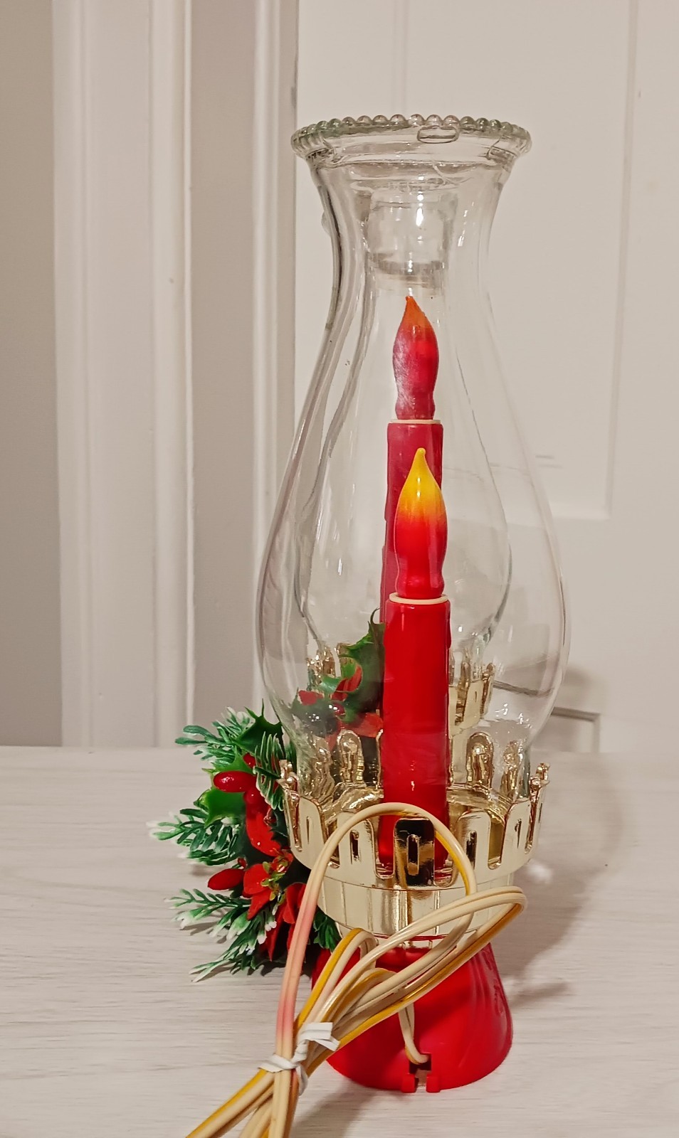 Vintage Christmas Flocked Poinsettia Hurricane Duel Chimney Electric Candle