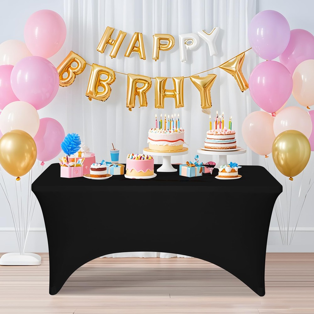 2 Pack 5 Feet Black Spandex Tablecloth for Rectangular Tables Fitted & Stretc...