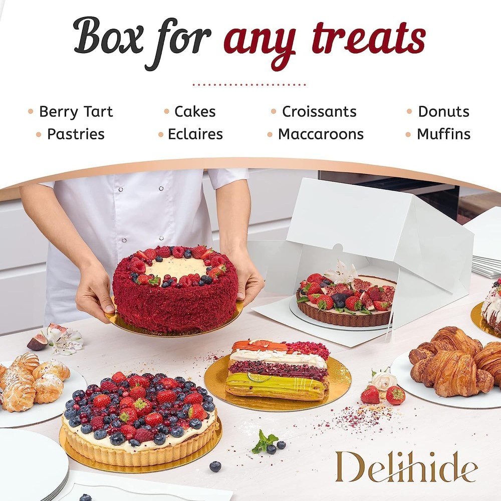 Premium Cake Boxes with Cake Boards Set - 12 Front-Loading Sturdy Cardboard C...