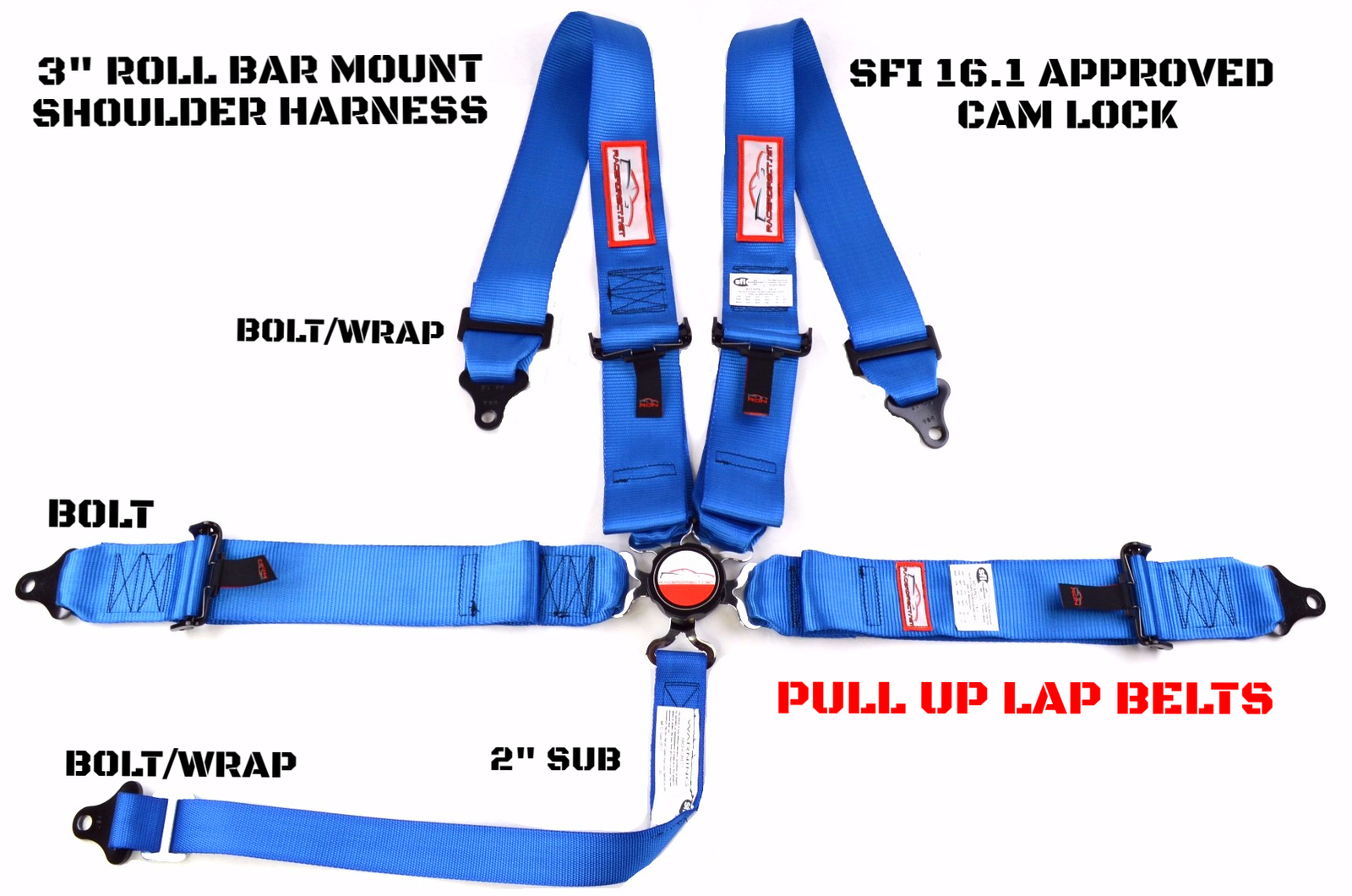 DRAGSTER RACING HARNESS CAM LOCK 5 POINT ROLL BAR MOUNT PULL UP LAP BELTS