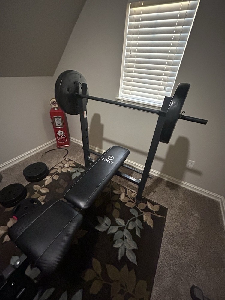 Marcy Bench Press Weight Bench Black with Barbell Plates Leg Developer Set