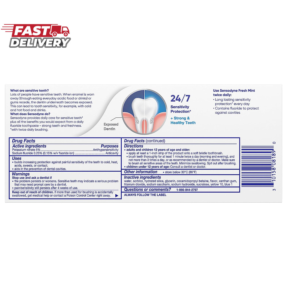 Sensodyne Fresh Mint Sensitive Toothpaste, ADA Accepted Toothpaste for Cavity Pr